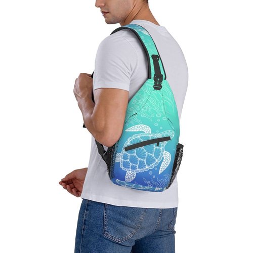 QISENTIS Sea Turtle Sling Bag Crossbody Backpack Sea Turtle in Line Art style Hand Drawn Ocean Animal Sports Travel Hiking Daypack Underwater World Print Chest Shoulder Bag Unisex
