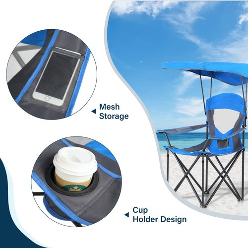 HIGH POINT SPORTS Camping Chairs with Shade, Heavy Duty Canopy Lounge Chair Sunshade Hiking Travel Chair with Cup Holder for Outdoor, Camping, Beach and Patio, Royal Blue