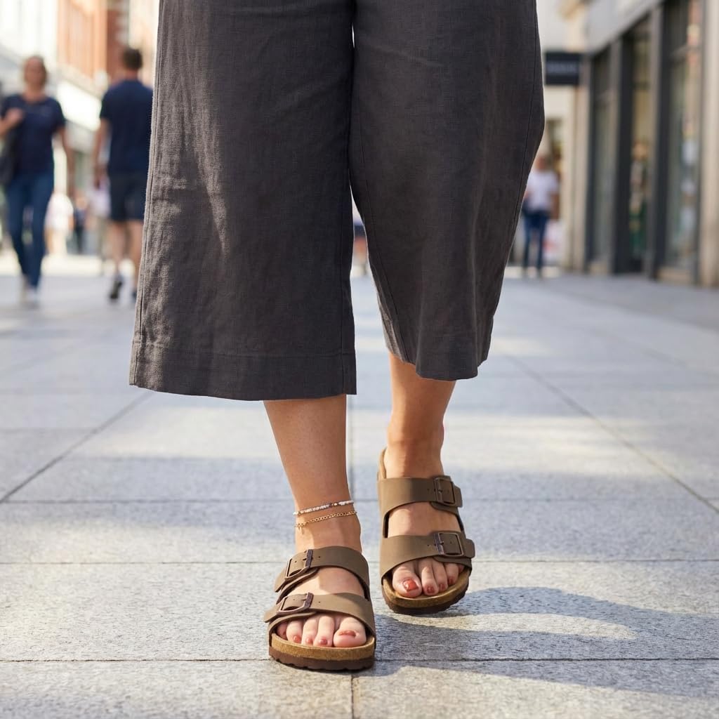 CUSHIONAIRE Lane Cork Footbed Womens Sandals Comfortable Double Buckle Slip On Sandals for Women with Arch Support and Classic Two Strap Design, BROWN 8