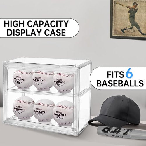 BOHOIDEE 2 Tiers Clear Display Case for Baseball, Acrylic Baseball Holder Display Case with Magnetic Door, Wall-Mounted Dustproof Showcase for Memorabilia Baseball