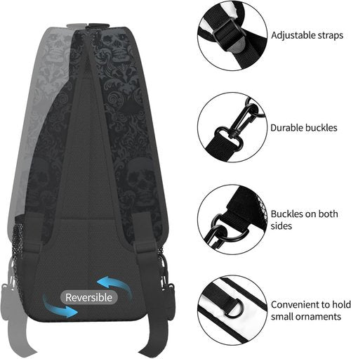 MEDTOGS Skull Sling Bag,Victorian Gothic Sling Backpack Black Crossbody Bag Men Casual Shoulder Daypack for Women Men Lightweight Travel Hiking Gym