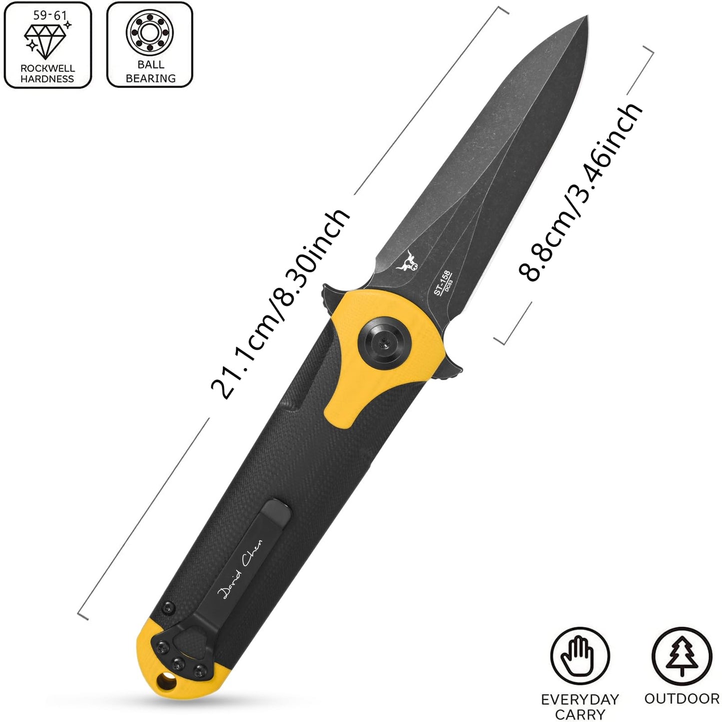 Sitivien ST158 Folding Pocket Knife,Titanium Plating Black Stonewashed DC53 Steel Blade with G10 Handle Chinese Zodiac Series EDC Tool Knife for Outdoor Camping,Hiking,Hunting,Fishing(Black+Yellow) …