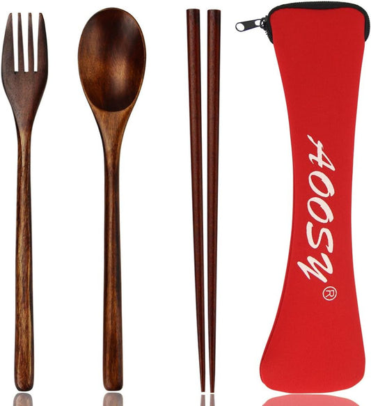 Wooden Spoon and Fork Set, AOOSY 3 Pcs Nanmu Wood Fork Spoon Chopsticks Camping Travel Flatware Set Tableware with Bag, Brown Color
