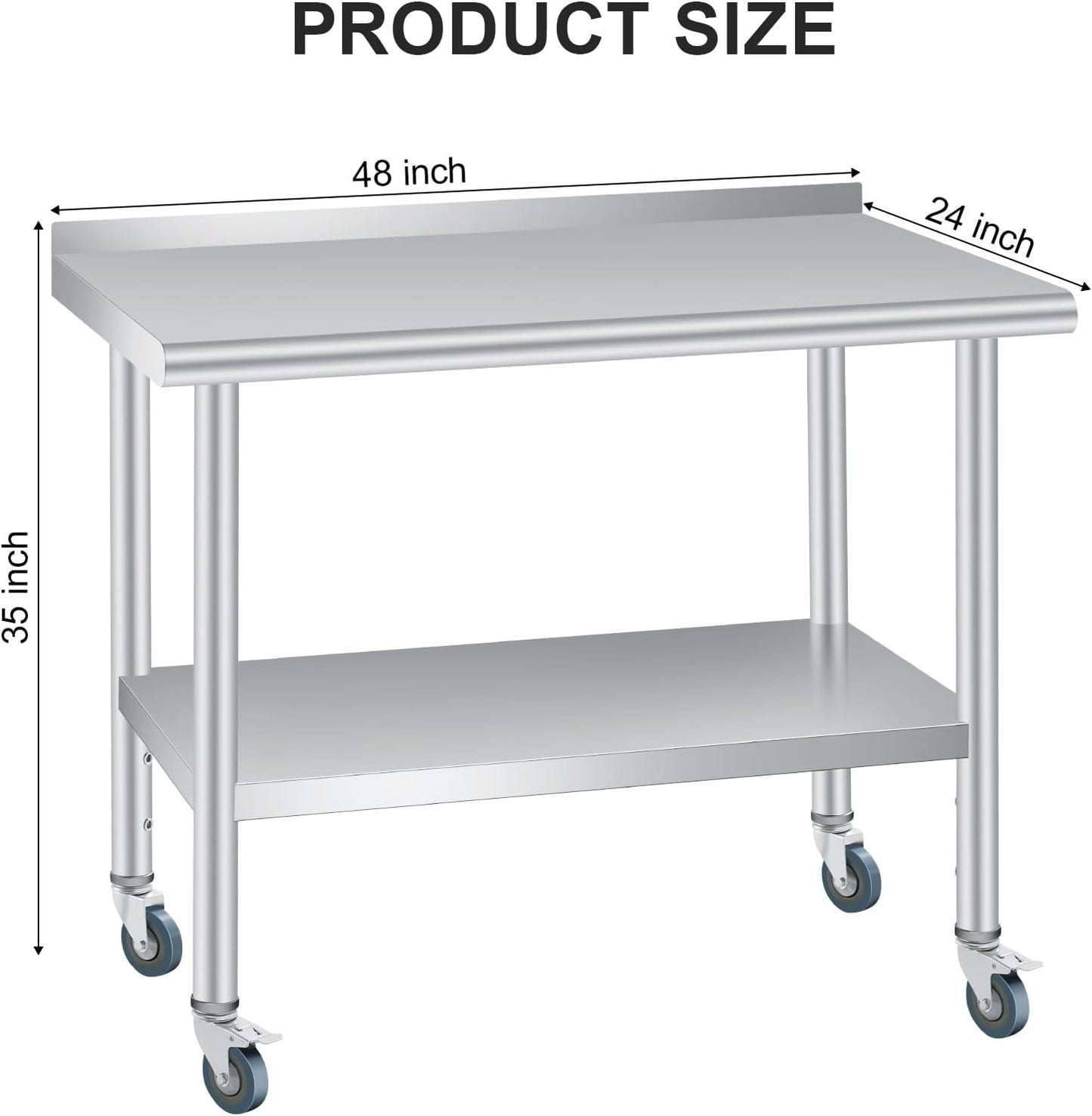 Stainless Steel Prep Table, 48 x 24 Inches, with Backsplash, Adjustable Undershelf and 4 Caster Wheels, Commercial Heavy Duty Table with Adjustable Under Shelf for Outdoor Use,Restaurants,Hotels,Works