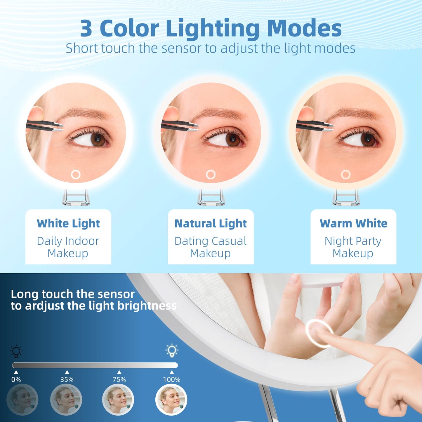 10X Magnifying Lighted Mirror | Rechargeable, Dimmable, Suction Cups | Home & Travel