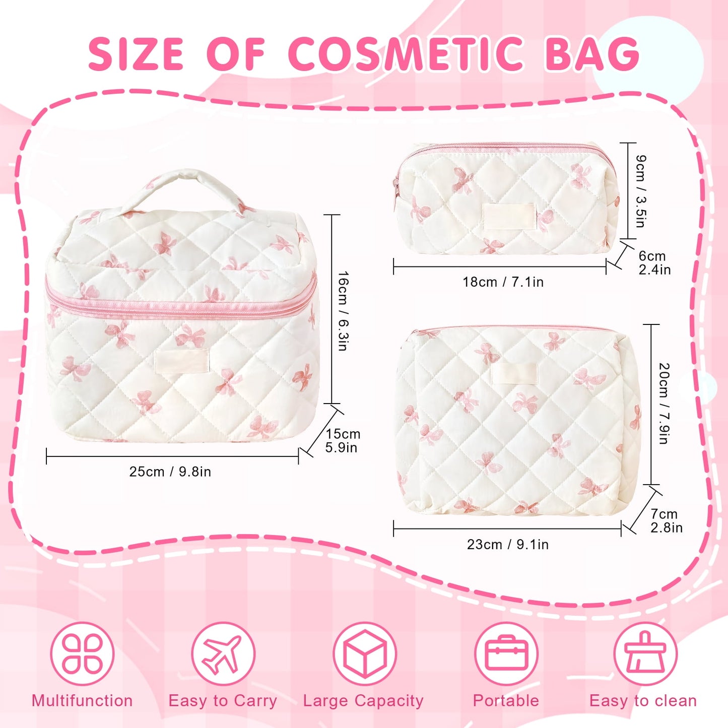 Large Quilted Makeup Bag Set | Cute Cotton Travel Organizer for Women