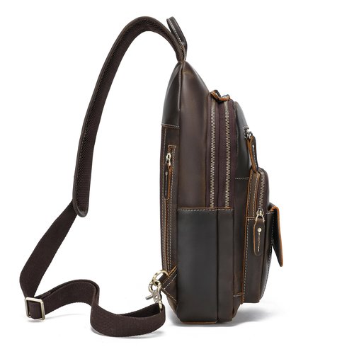 LANNSYNE Vintage Full Grain Genuine Leather Casual Sling Bag For Men Hiking/Travel/Business Crossbody Chest Bag Fits 12.9 Inches iPad Daypack -Brown