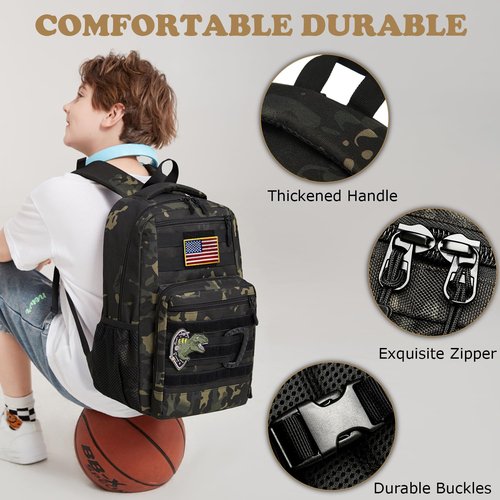 XINTREY Kids tactical Backpack for Boys School Bag 20L mini Children Backpack for Outdoor Camping Travel (Black Camo)