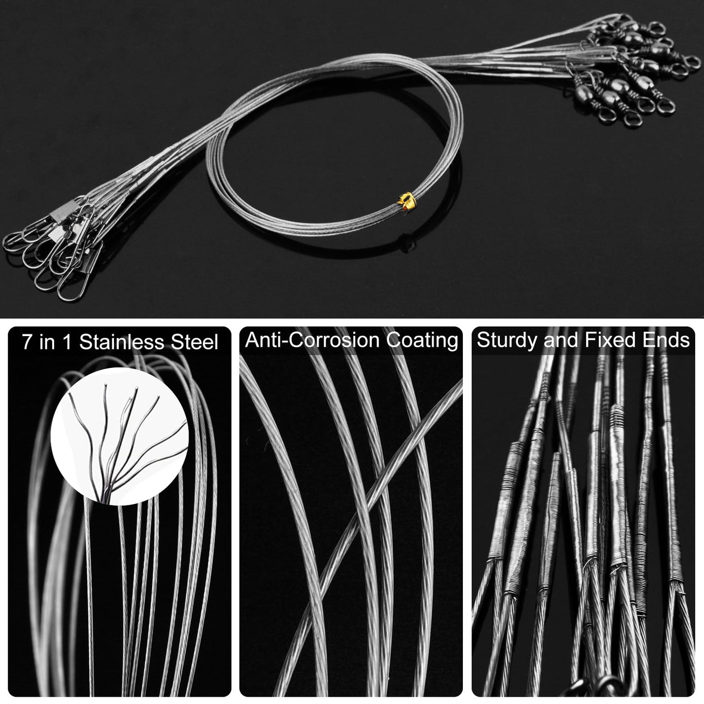 Realure 50Pcs Stainless Steel Fishing Leaders with Swivels Snap Connect Kit High Strength Fish Line Wire Leaders for Fishing Saltwater 4/6/8/10/12inch Fishing Wire Leader Line for Lure Bait Rig Hooks