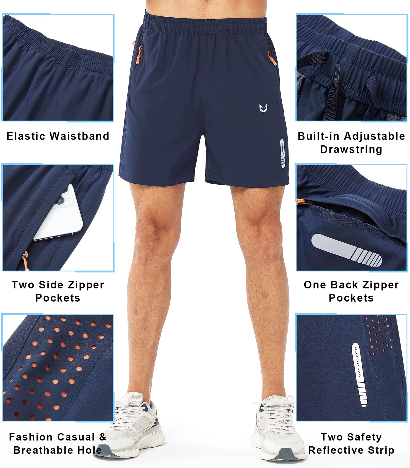 NORTHYARD Men's Athletic Running Shorts Gym Workout 7"/9"/5" Quick Dry Lightweight Sports Basketball Tennis 3 Zipper Pockets NAVY-5inch L