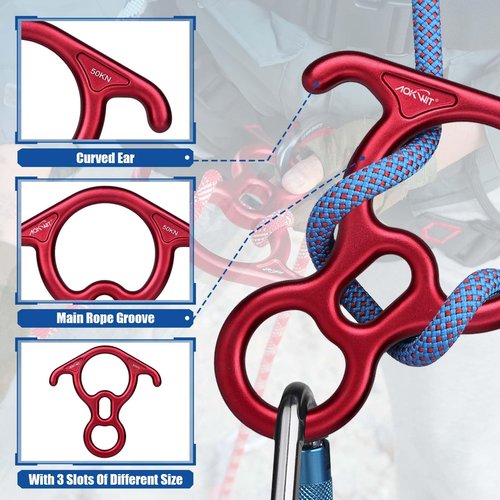Climbing Descender 50KN Aluminum Alloy Figure 8 Descender Large Bent-Ear Belaying Rappelling Gear Zip Line Pulley Durable Aluminum Stainless Steel Roller Double Climbing Pulley 25KN for Hauling Rescue