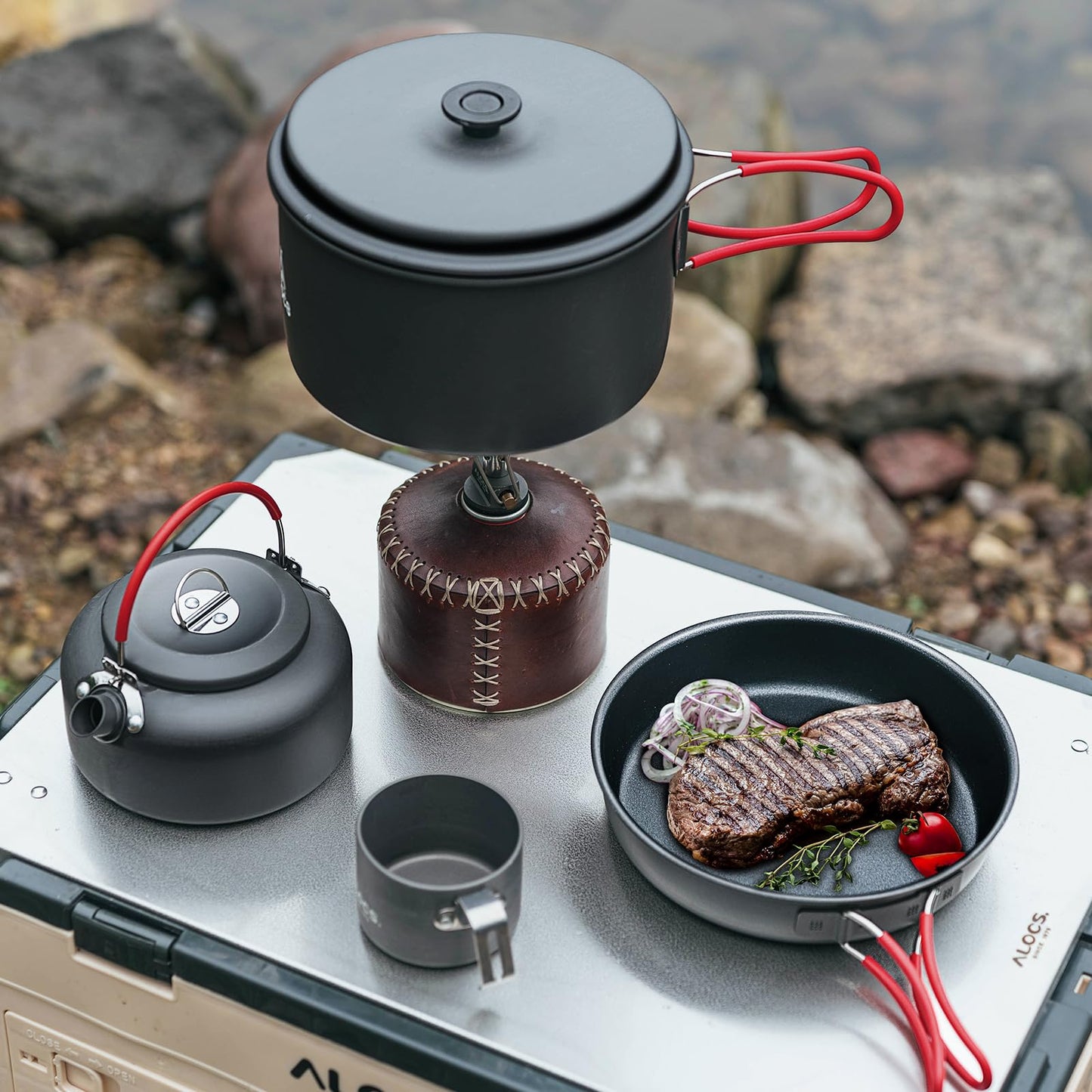 Alocs Camping Cookware Set Gear, Compact Camping Pots and Pans Set, Durable Hard Alumina Cooking Set for Outdoor Backpacking Hiking Picnic, Included Mesh Carry Bag.