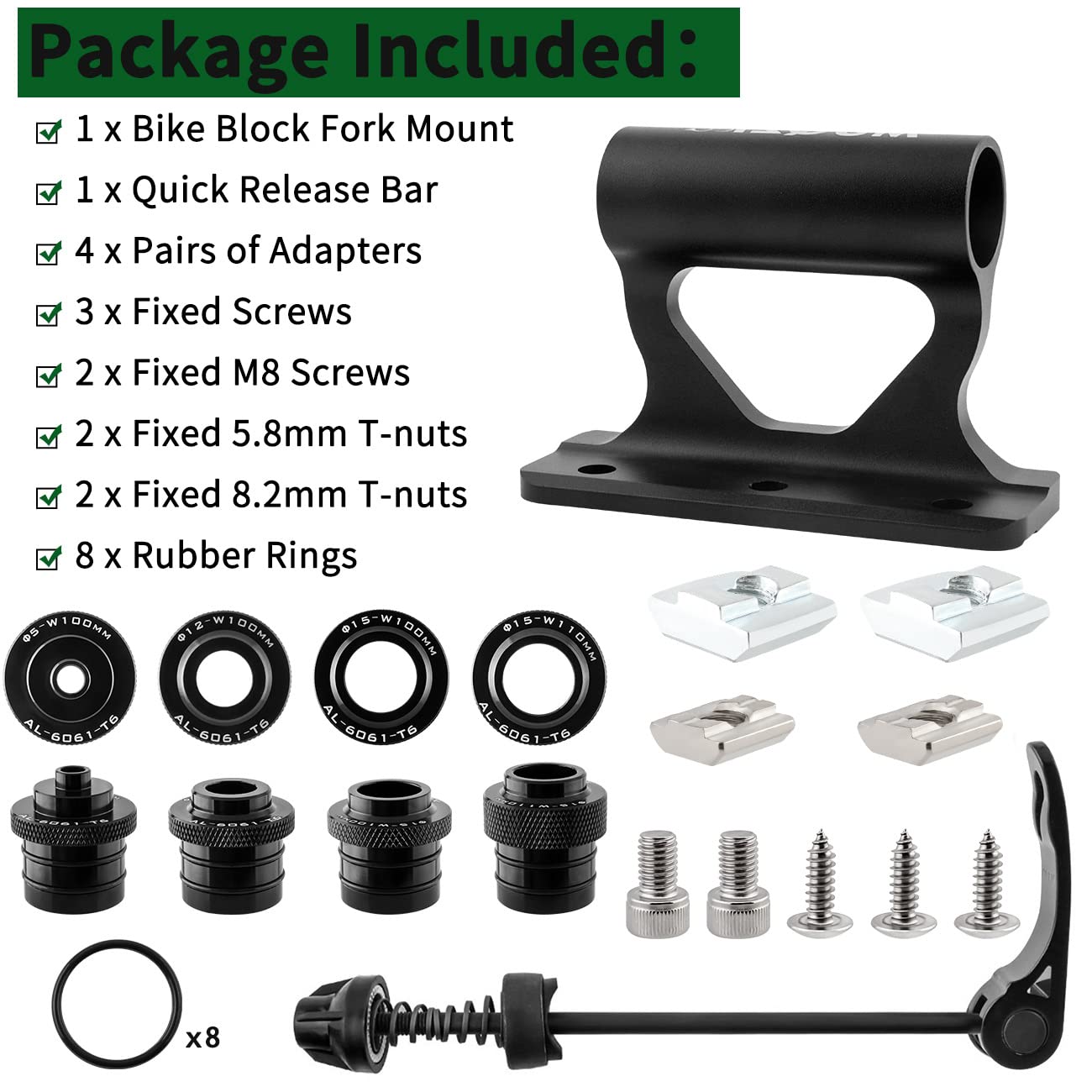 Bike Fork Mount, Upgraded Quick Release Thru Axle Bicycle Fork Rack Block with 4 Adapters for Car Trucks Vans SUV Transport and Storage, Black