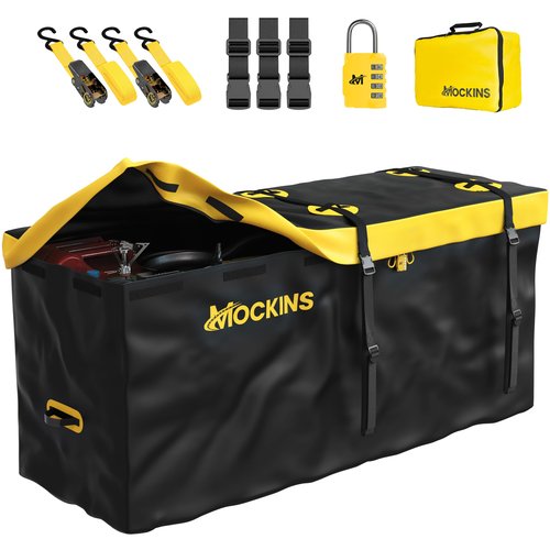 Mockins 20 CuFt Waterproof Cargo Bag for Hitch Carrier | 60"x20"x29" Trailer Hitch Cargo Carrier Bag | Weatherproof Truck Bed Storage w/Straps, Lock & Carry Case | 500D PVC Vehicle Soft-Shell Carriers