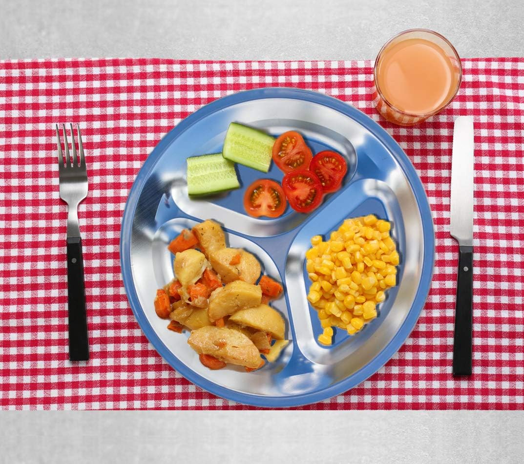 Portable Stainless Steel Plate Set - 4 Round BPA-Free Sectioned Plates with Travel Bag for Camping, Hiking, BBQ & Beach