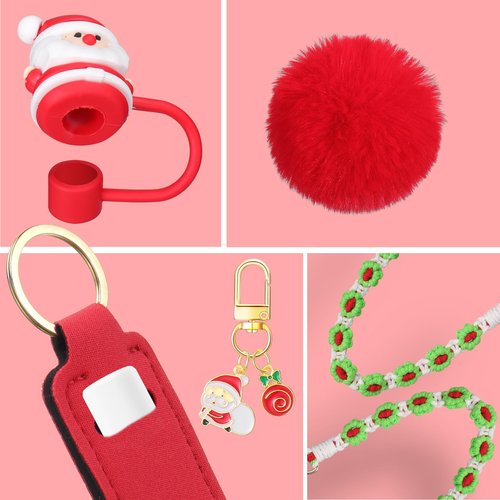 Mity rain 8PCS Cup Accessories for Stanley Cup 30oz 40oz Tumbler with Handle, Including Water Bottle Handle Strap, Chapstick Holder, Boot, Keychain Charms, Straw Topper Cover Cap for Stanley (Red)