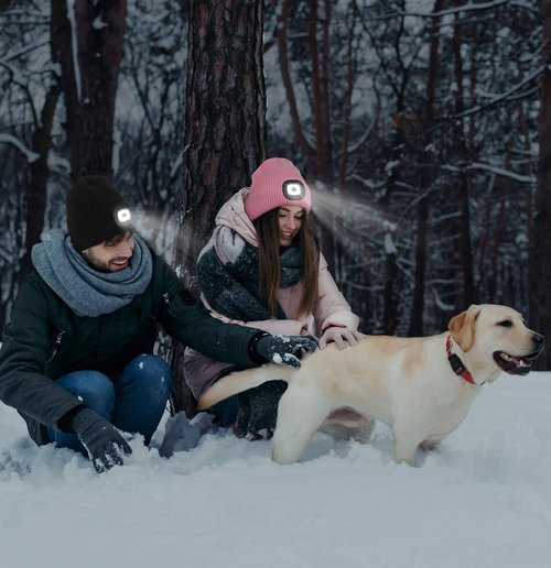 MELASA Fleece Lined LED Beanie with The Light for Men Women, Warm Stocking Hat with Light Built in, USB Rechargeable Hand Free Headlamp Beanie, Gifts for Dad Husband(Orange)