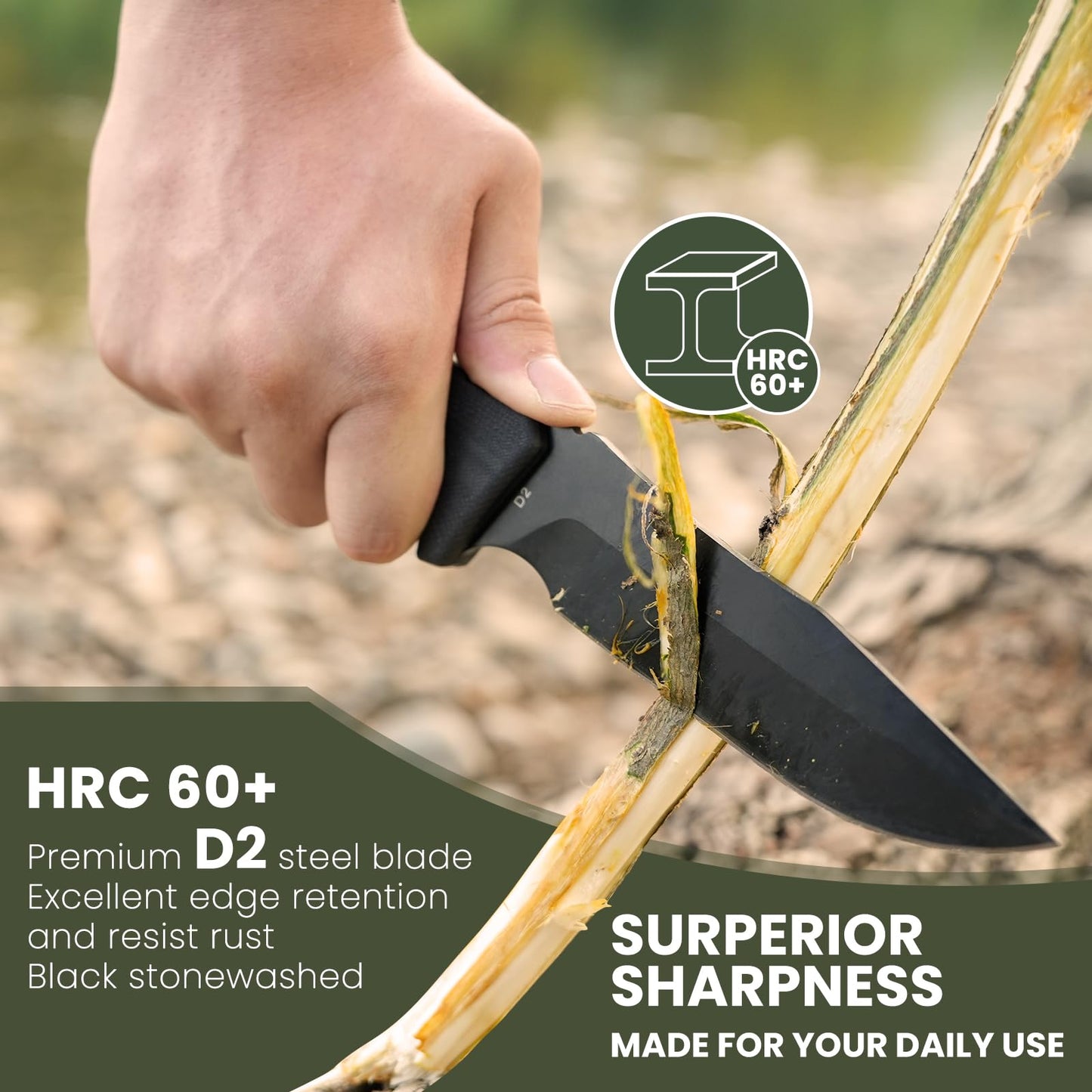 PERWIN Bushcraft Survival Knife - Outdoor Camping Hunting Fixed Blade With D2 Steel and G10 Handle for EDC, Sheath Included - Collection Gift for Him