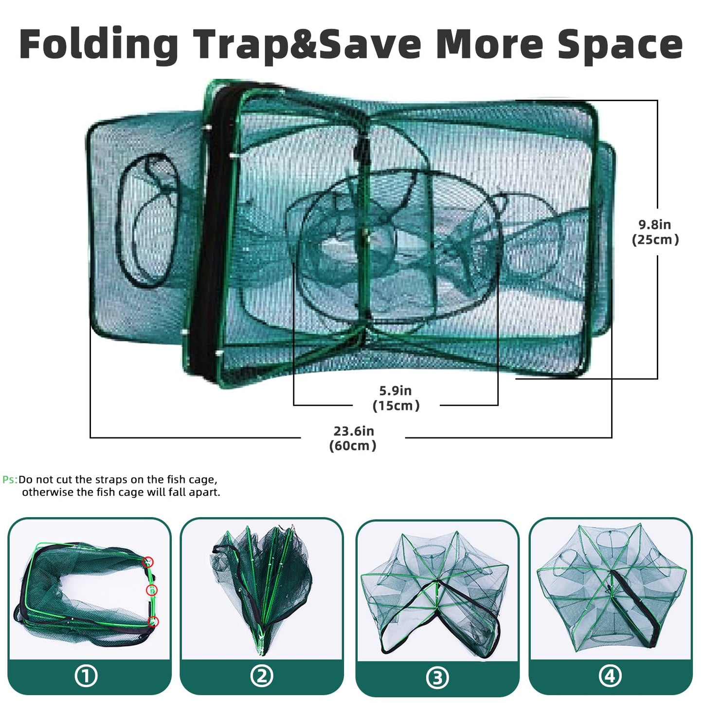 3 Pcs Foldable Fishing Net Accessories for Crab Crayfish Shrimp:Fishing Landing Net with Telescoping Pole Handle, Collapsible Crab Trap Hexagon and 2 Ropes
