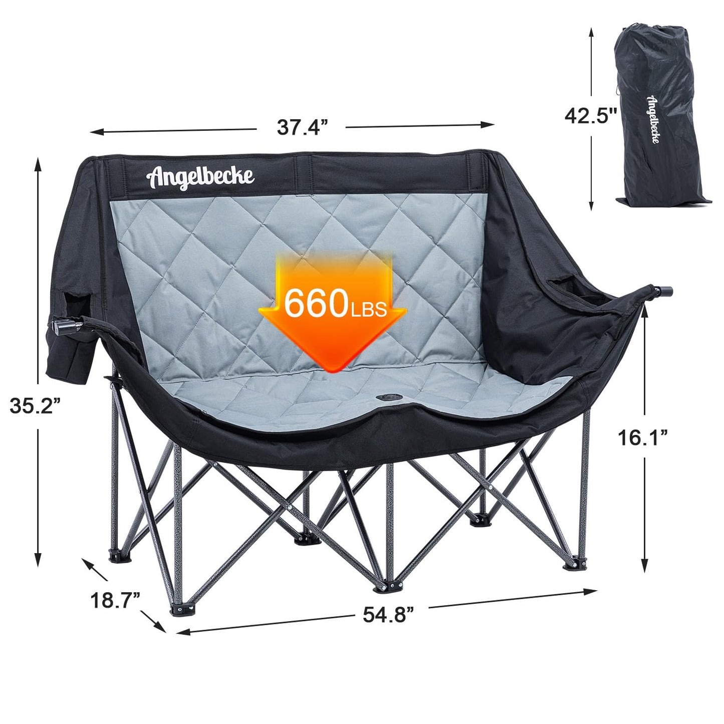 ANGELBECKE Double Camping Chair Oversized Padded Camping Sofa for 2 Person Heavy Duty Outdoor Folding Couch Portable Lawn Chair with Dual Cup Holders & Wine Glass Holders Weight Bearing 660LBS