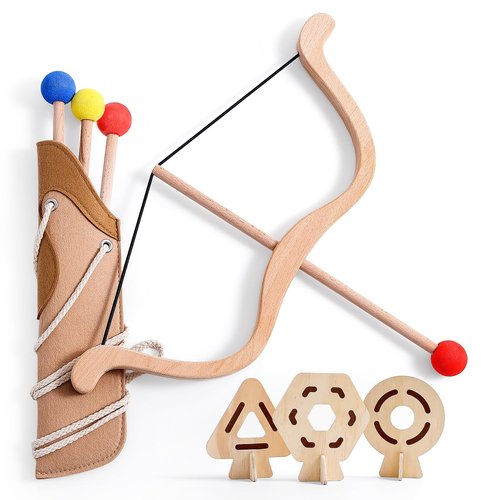 WOODEN TEETHER Kids Bow and Arrow Set，Wooden Toy Bow and Arrow for Kids 4-6 Archery Set Includes 3 Arrows, 3 Targets and Quiver,Indoor & Outdoor Play for Children Boys & Girls