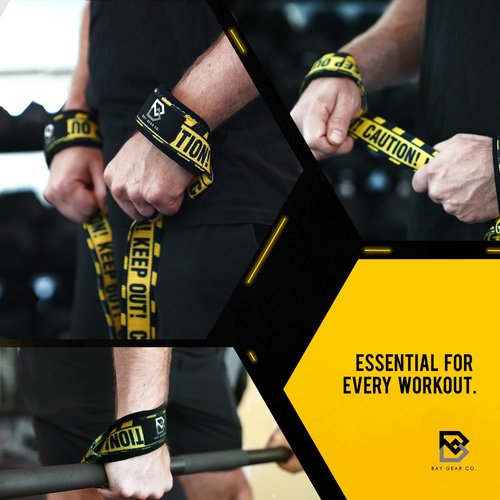 BAY GEAR CO. Wrist Straps for Weightlifting - 1 Pair Cotton Lifting Straps with Neoprene Padding, Comfortable Gym Essentials for Enhanced Grip Strength - Unique Printed Caution Design