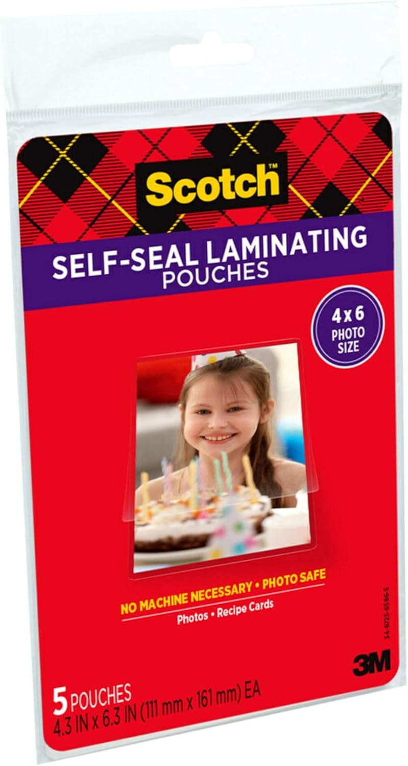 Scotch Self-Sealing Laminating Pouches, Gloss Finish, Photo Size 4 x 6 Inches, 5/Pack