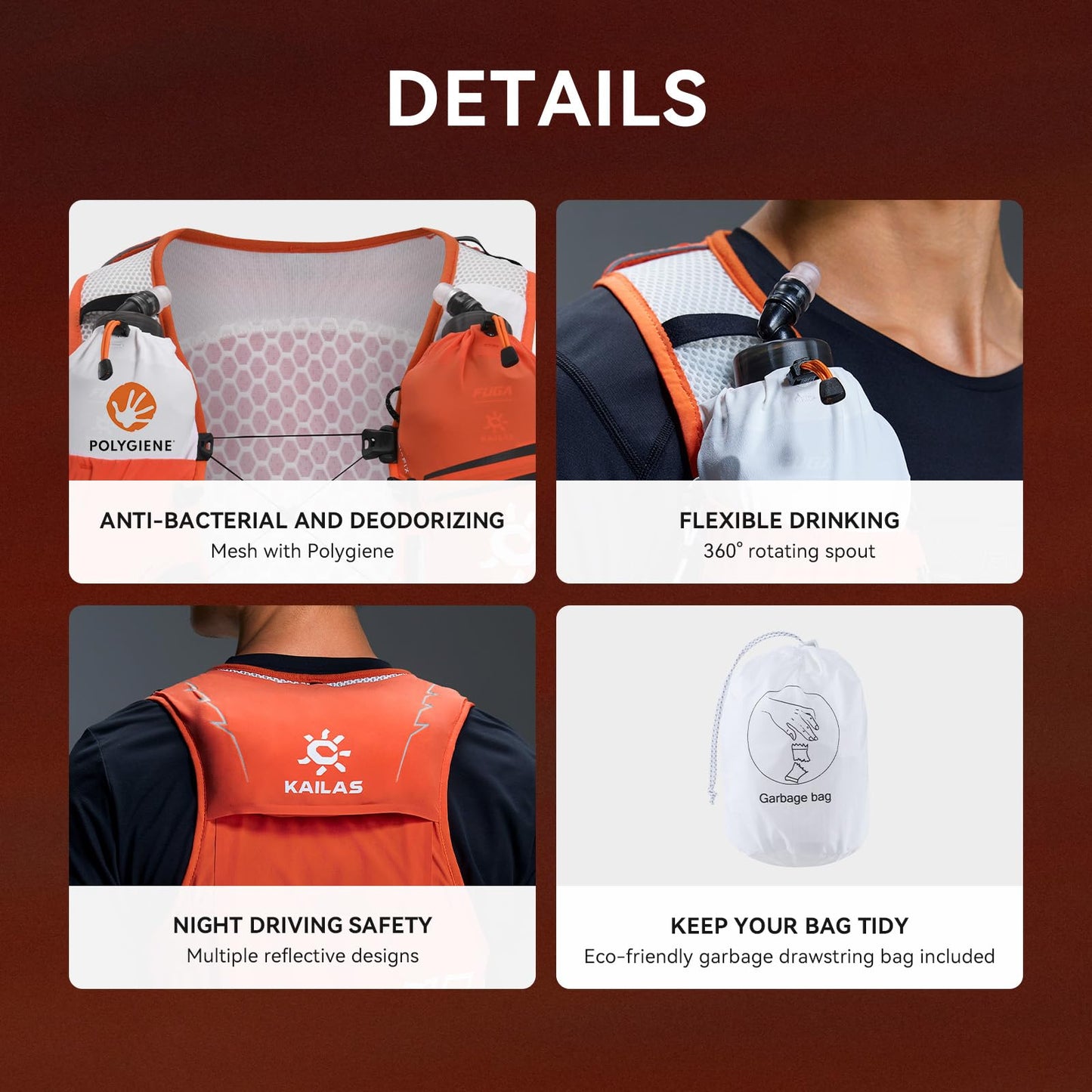 KAILAS FUGA AIR 8 Ⅳ Running Hydration Vest Hydration Pack Lightweight with Two TPU Water Bladders for Women Men Trail Cycling Hiking FUGA Orange L