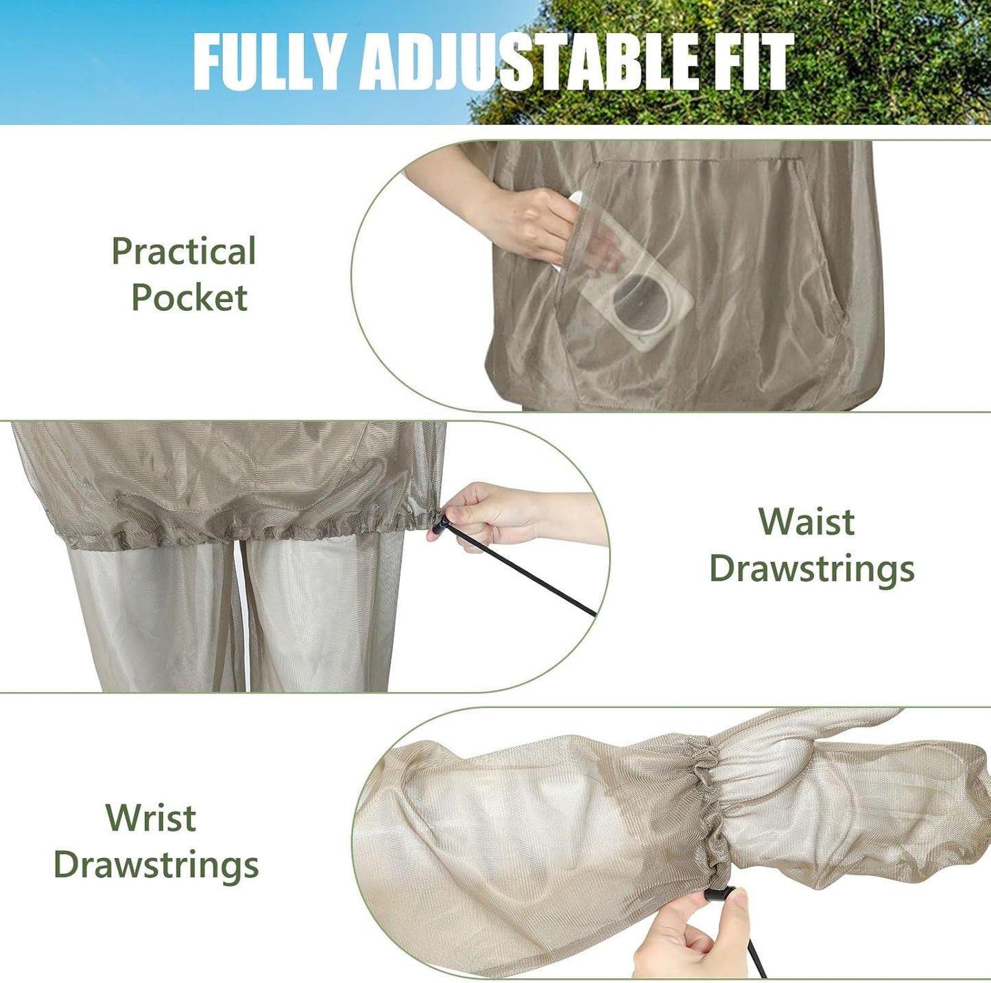 HOMEYA Bug Jacket L/XL, Anti Mosquito Netting Suit with Zipper on Hood Ultra-fine Mesh Pants Mitt Socks with Free Carry Pouch for Protecting Hunting Fishing Men Women