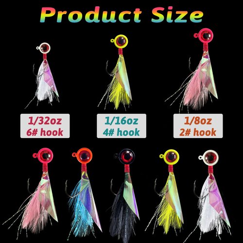 Bombite Crappie Jigs - Hand-Tied Jig Heads with Rainbow Skin Feather, Fishing Lures Kit for Bass, Walleye, Panfish, Sunfish - 1/16oz