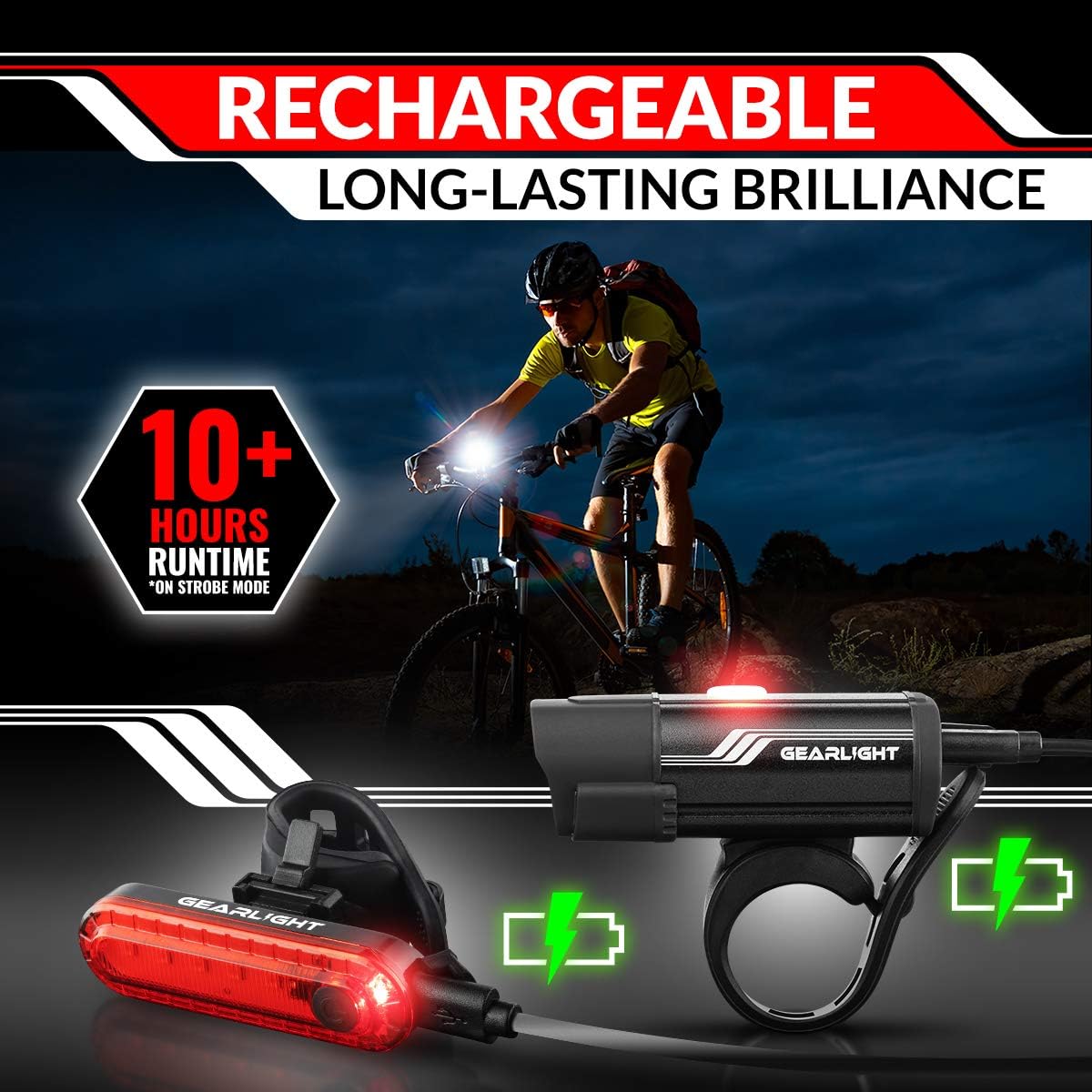 GearLight Rechargeable Bike Light, Bike Headlight and Tail Light Set, Powerful Front and Back Lights for Night Riding Safety, Night Riding Accessories, White Elephant Stocking Stuffer for Men