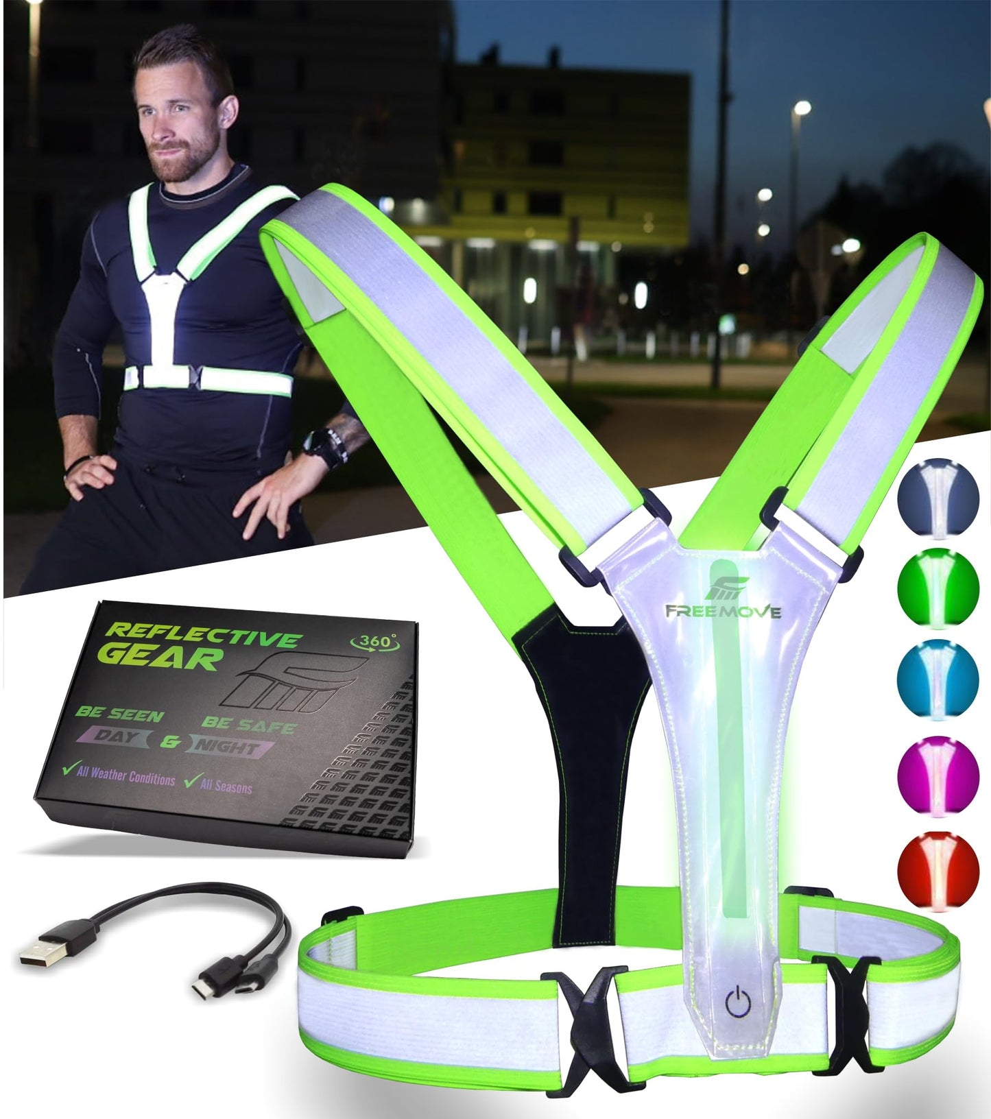 FREEMOVE LED Reflective Running Light-Up Vest, USB Rechargeable, Fully Adjustable, Highly Visible Running Reflective Safety Gear, for Night Running, Cycling, Biking, Walking for Men, Women and Kids