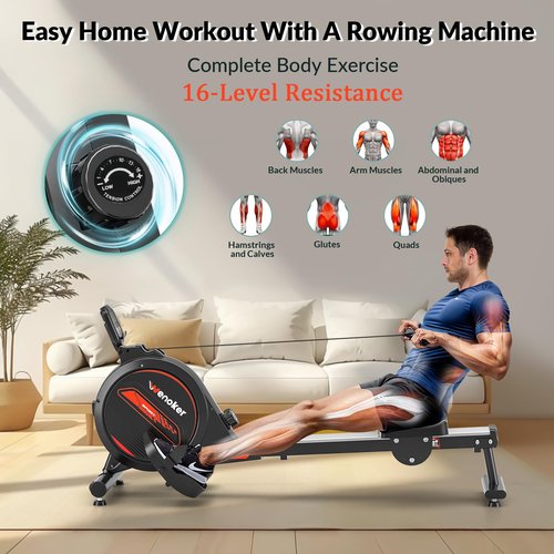 Rowing Machine, WENOKER Magnetic Rower for Home with 350LB Weight Capacity, Whisper Quiet Resistance, LCD Monitor & Tablet Holder, Comfortable Seat Cushion, Compact Space-Saving Design