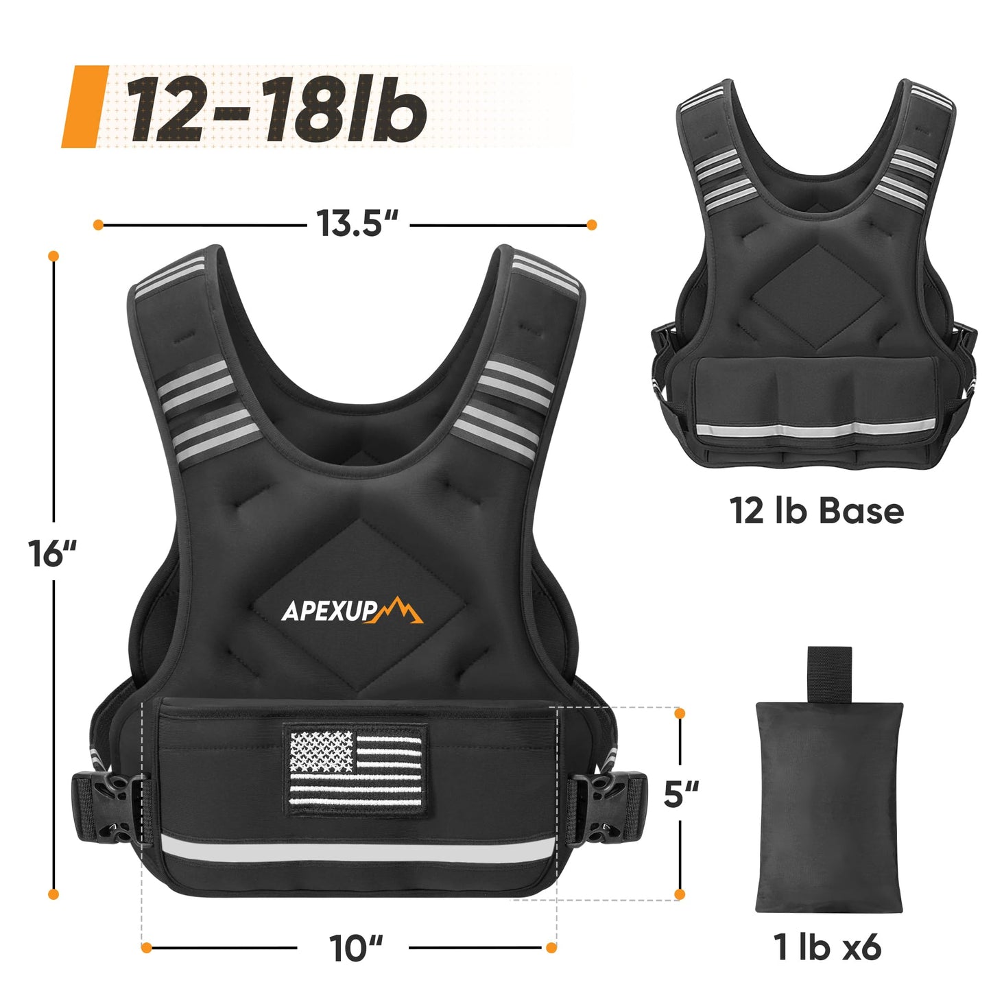 APEXUP Adjustable Weighted Vest, 4-10lb/12-18lb/20-32lb Vest with 6 Ironsand Weights and Large Pocket, Weight Vest for Men Women Strength Training, Running, Walking (12-18lb, Black)