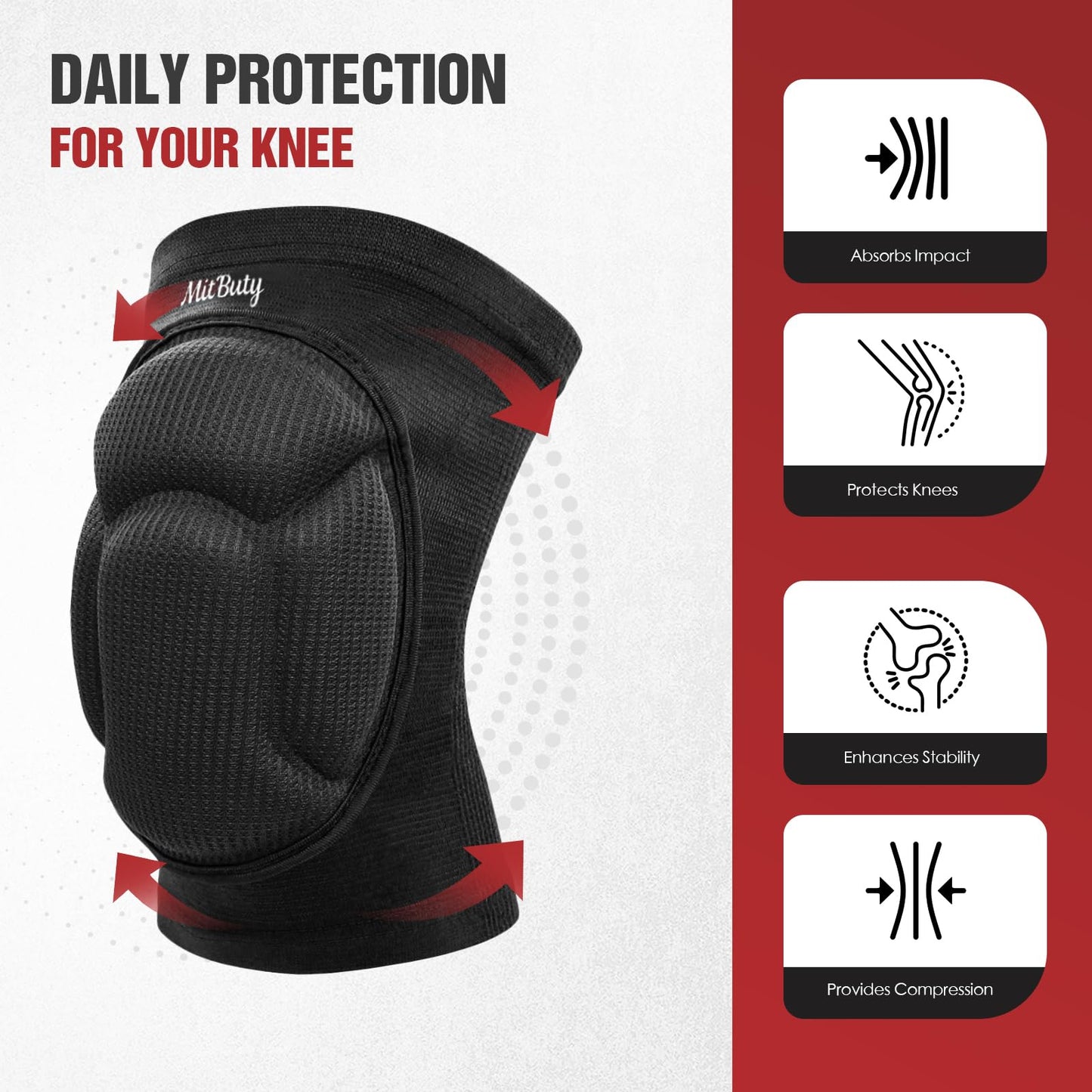MitButy Protective Knee Pads for Men, Women & Kids – 1 Pair Thick Foam Cushioned Pads for Volleyball, Dance, Gardening, Wrestling & Kneeling – Durable Protection for Work & Sports (M: 15.5–21.5")