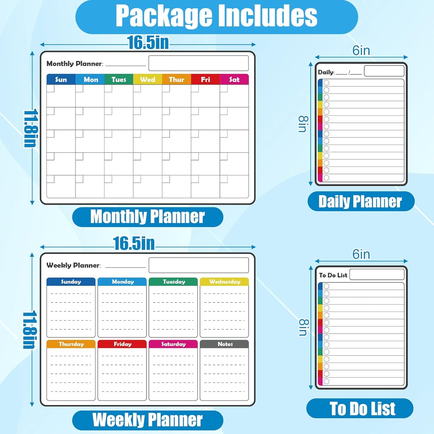 4 Pack Non-Magnetic Dry Erase Calendar Board Set, Anglecai Monthly, Weekly, Daily, List Calendar Sticks for Fridge, Wall, Door