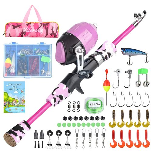 Milerong Kids Fishing Rod, Kids Toys Fishing Pole Portable Telescopic Fishing Rod and Reel Combo Kit for Boys, Girls, Youth - with Spincast Fishing Reel, Fish Tackles, Lures, Fish Lines [Pink]
