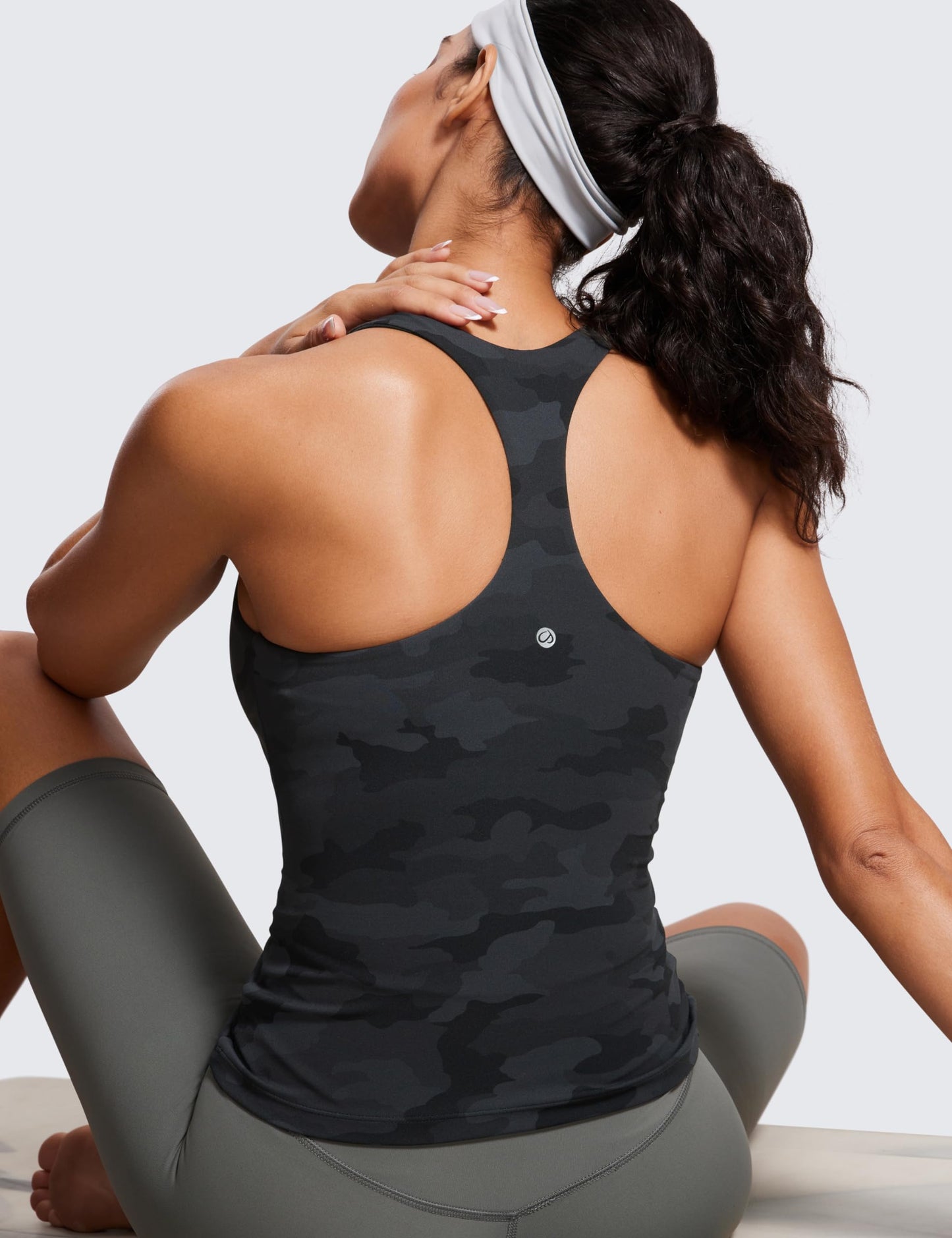 CRZ YOGA Butterluxe Workout Racerback Tank Tops for Women - Padded Athletic Spandex Yoga Shirts with Built in Bra Dark Grey Camouflage 2 Small