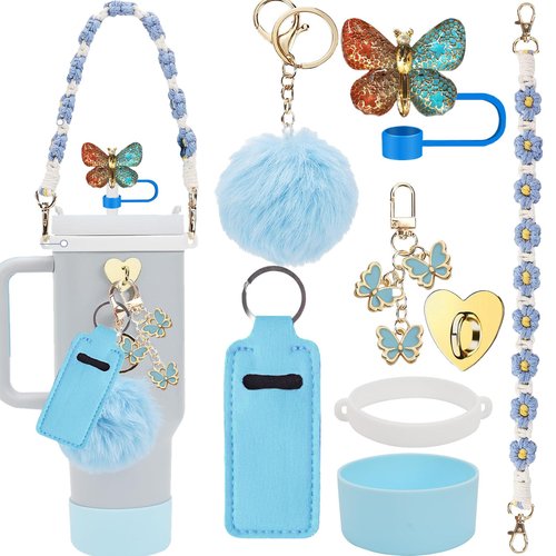 youyougu Stanley Cup Accessories Set - 8-Piece Set for 30 oz 40 oz Stanley Glass Accessories, Silicone Protective Cover, Water Bottle Handle Strap (Blue)