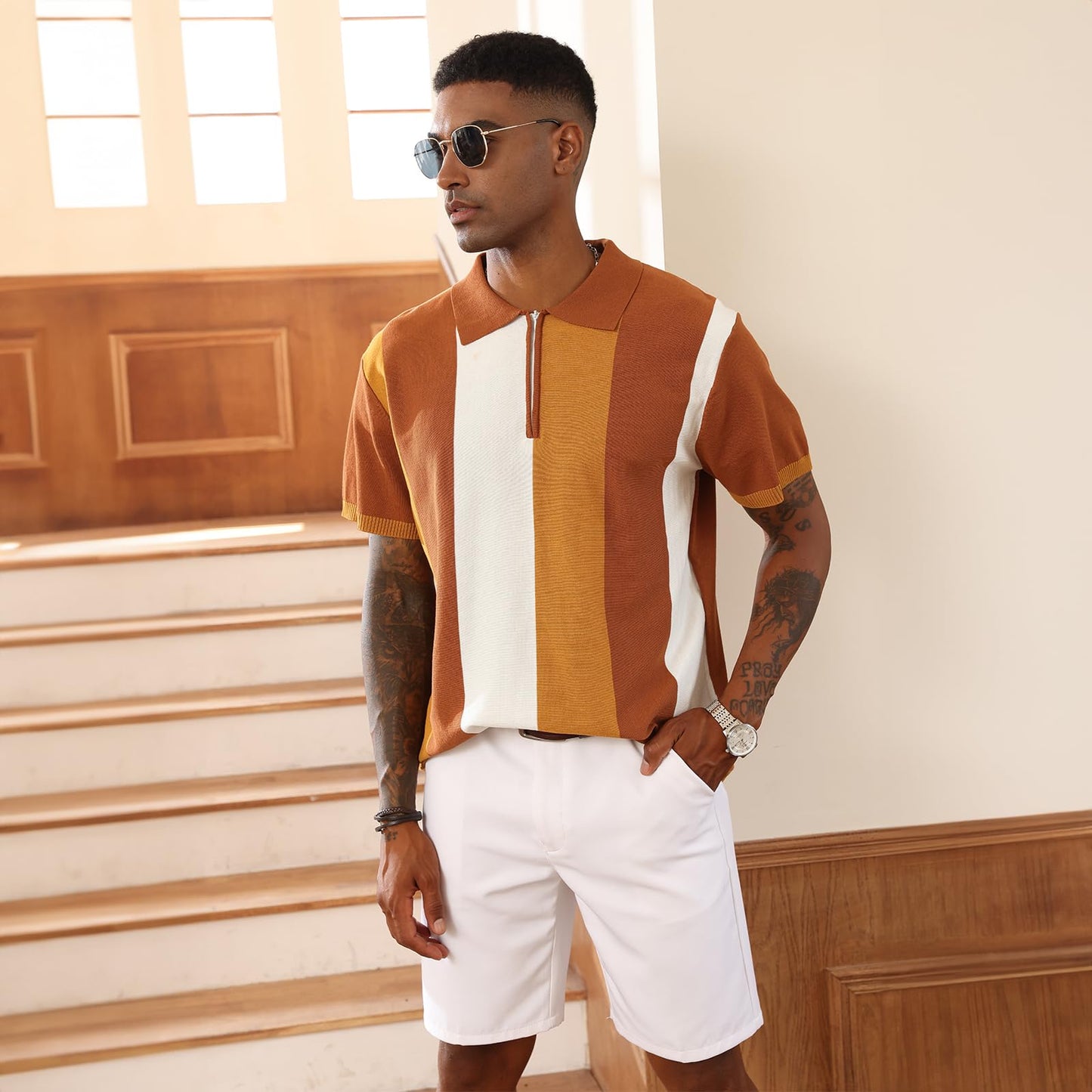 Men's Fashion Polo Shirts Vintage Striped Knitting Shirts Casual Slim Fit Golf Shirts Caramel