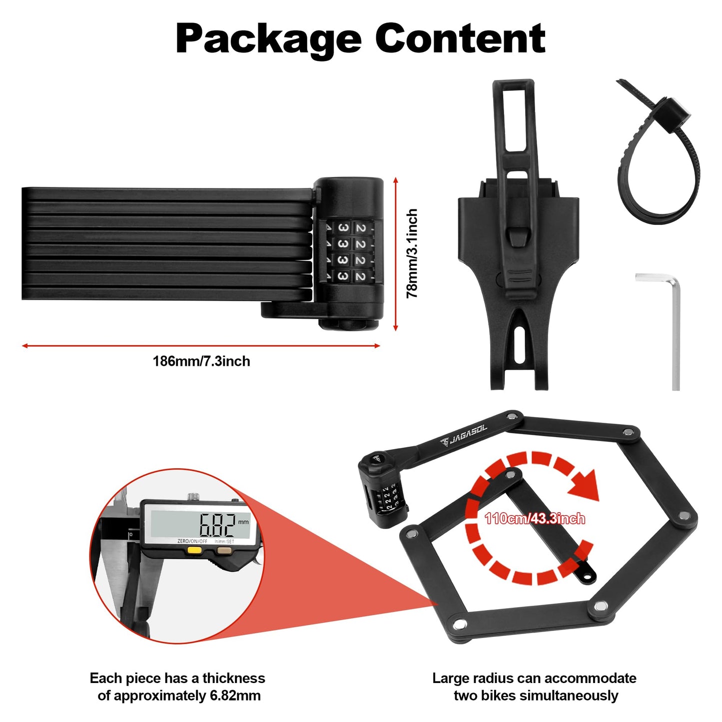 JAGASOL Heavy Duty Anti-Theft Folding Bike Lock, Combination Fold Chain Lock for Bicycle Scooter Motorcycle, 0.8 Inches Wide 0.3 Inches Thick Alloy Steel, Anti-Pinch, Anti-Crush, Anti-Saw, 110 cm