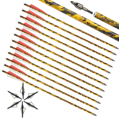TOPARCHERY 20 Inch Carbon Crossbow Bolts 12 Pack and 6 Pack Crossbow Broadheads Set - Premium Crossbow Arrows with 4 Inch Vanes and Removable Field Tips for Hunting and Outdoor Practice