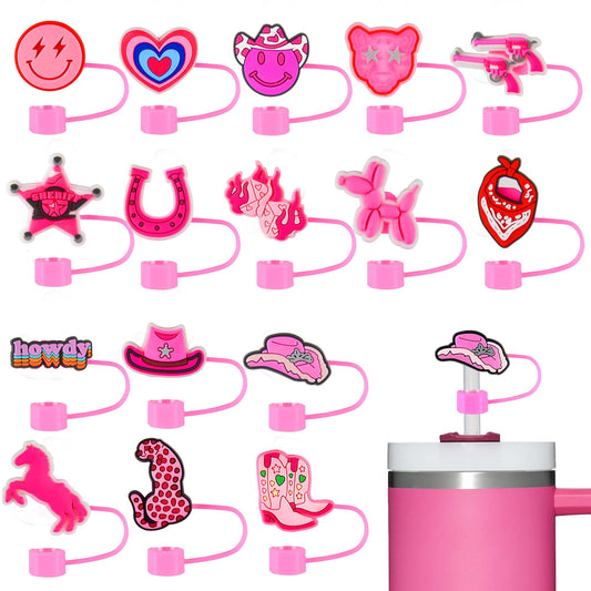 16Pcs Preppy Pink Straw Cover Topper for Stanley 40oz Tumbler Cowgirl Straw Cap for 0.4inch Straws Stanley Cup Accessories