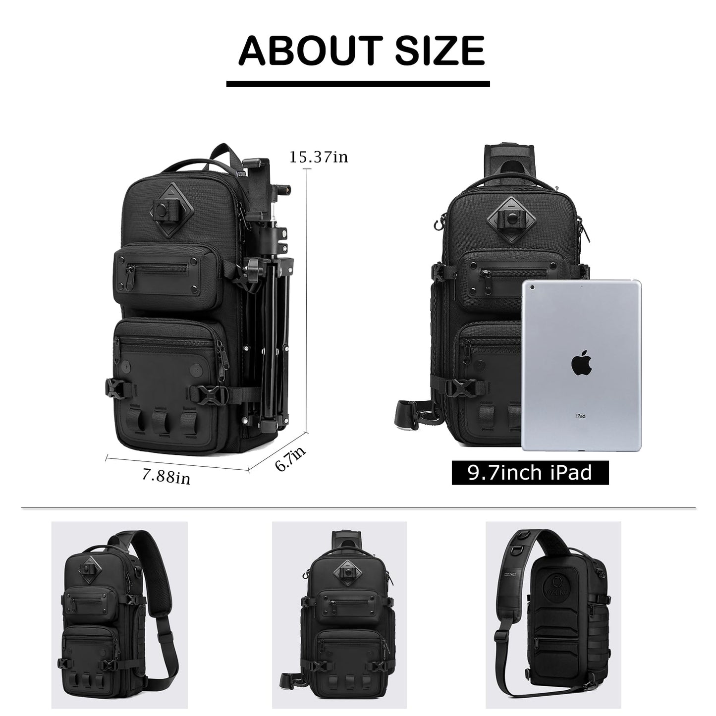 OZUKO Multipurpose Sling Bag for Men, Large Capacity Crossbody Shoulder Bag Waterproof Sling Chest Backpack with Tripod Holder Fit for Outdoor Travel Photography (Black)