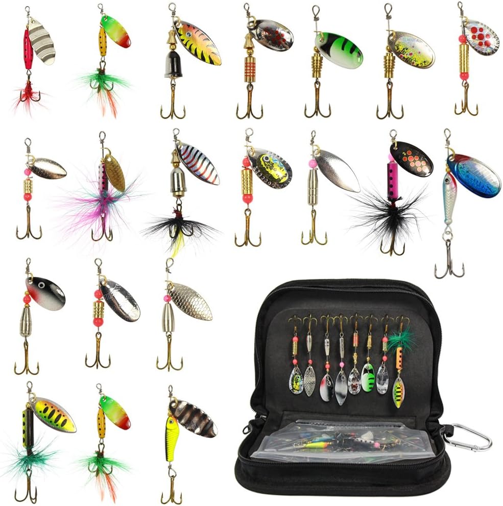 Fishing Spinner Kit 20PCS Spinnerbaits Fishing Spinning Lure Metal Bait Bass Lures for Bass, Salmon, Pike or Walleye with Portable Carry Bag
