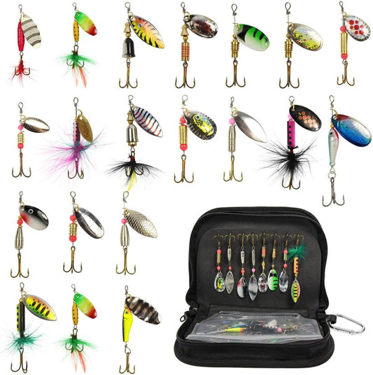 Fishing Spinner Kit 20PCS Spinnerbaits Fishing Spinning Lure Metal Bait Bass Lures for Bass, Salmon, Pike or Walleye with Portable Carry Bag