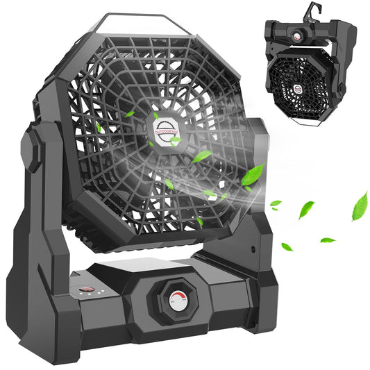 Howhio Camping Fan Rechargeable, 10400mAh Portable Battery Operated Camping Fan for Tents, Hangable USB Silent Camping Fans with LED Lantern, Suitable for Fishing, Camping, Bedroom, Workplace (Black)
