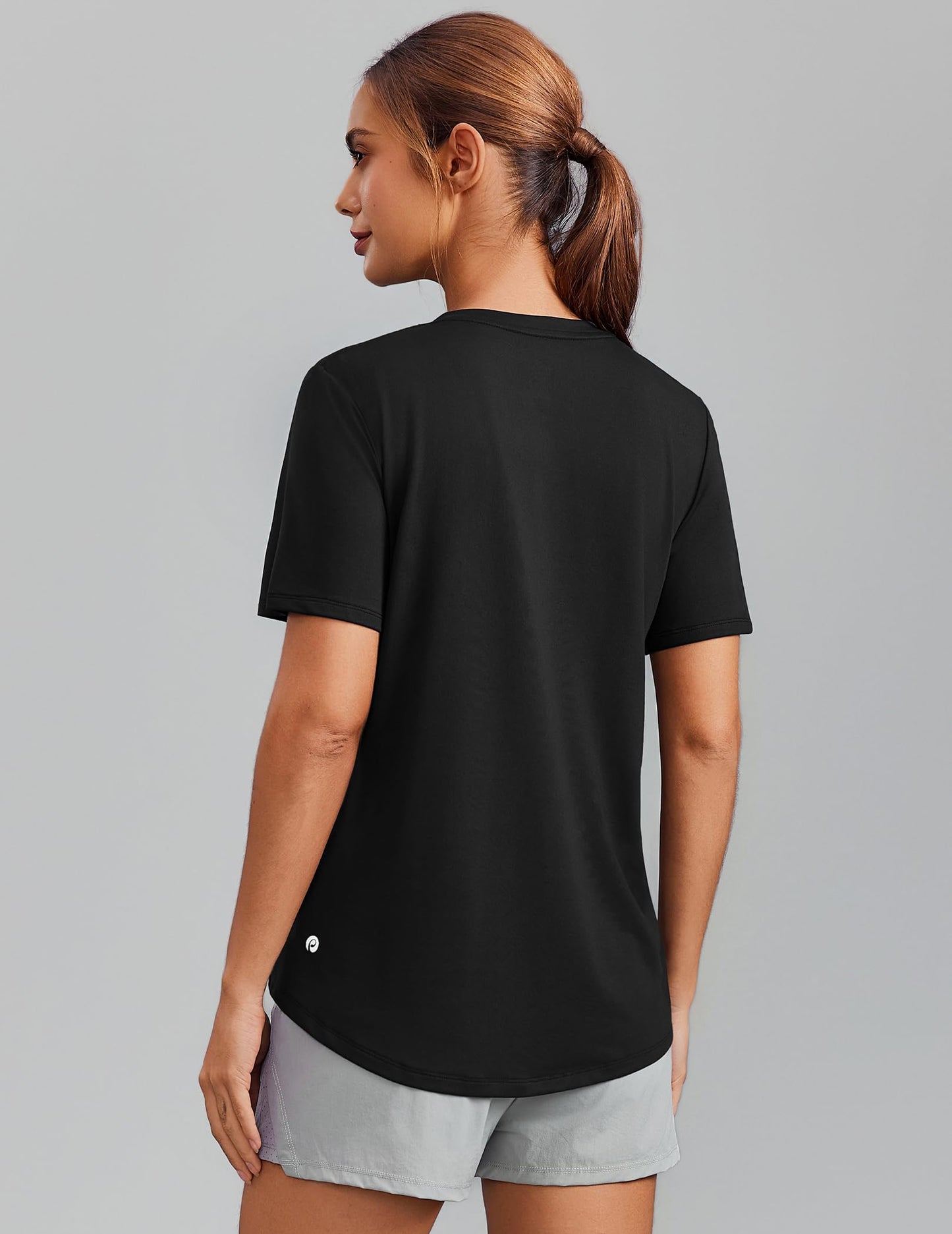 PINSPARK Workout Tops for Women Short Sleeve V Neck Moisture Wicking Gym Shirts Quick Dry Athletic T-Shirts for Running Hiking,Black X-Large