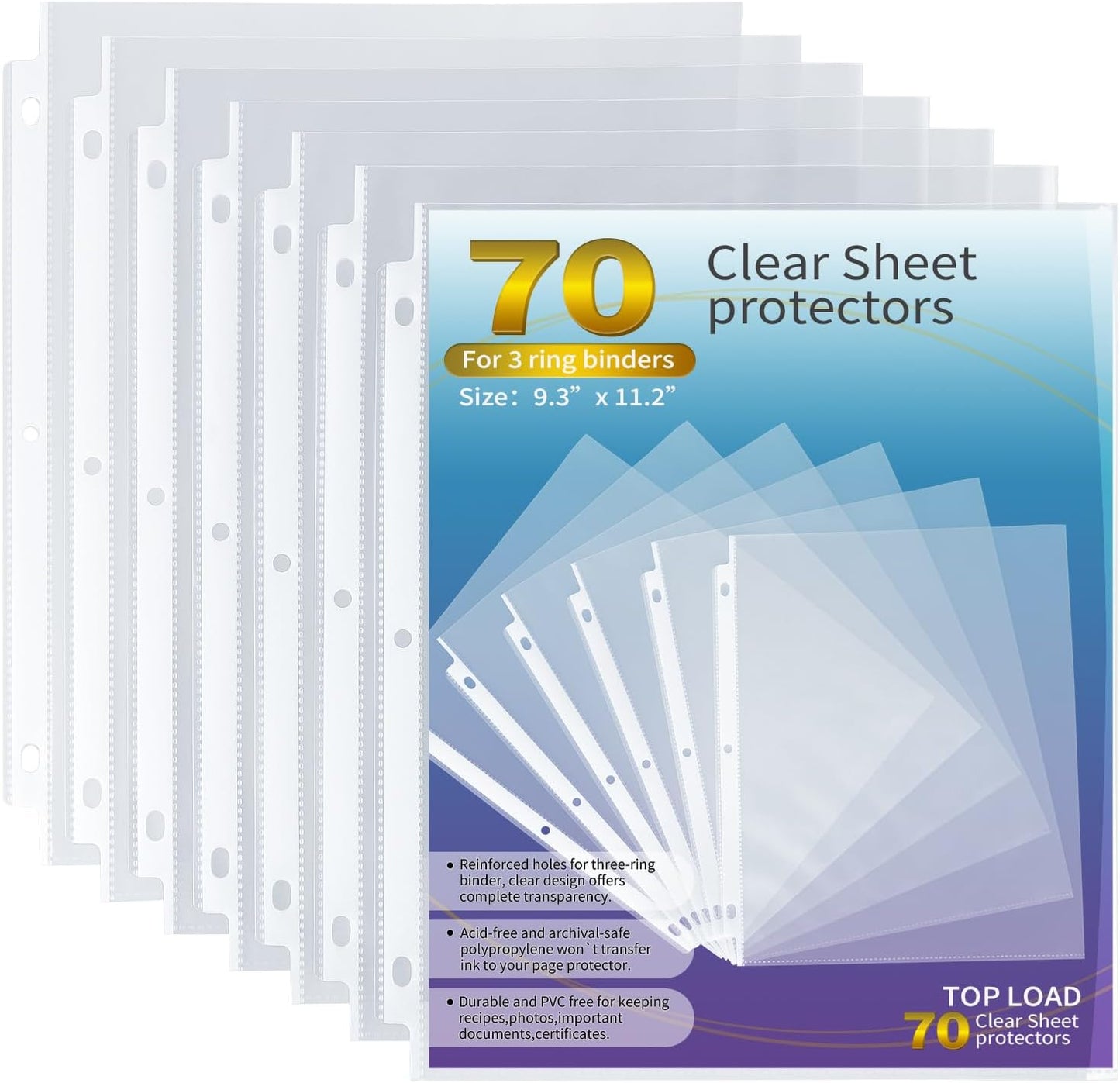 Tamaki Sheet Protectors for 3 Ring Binder, 70 Pack Premium Clear Page Protector 8.5 x 11 inch, Plastic Sleeves Top Loading Paper Sheets Document Sleeve Letter Size