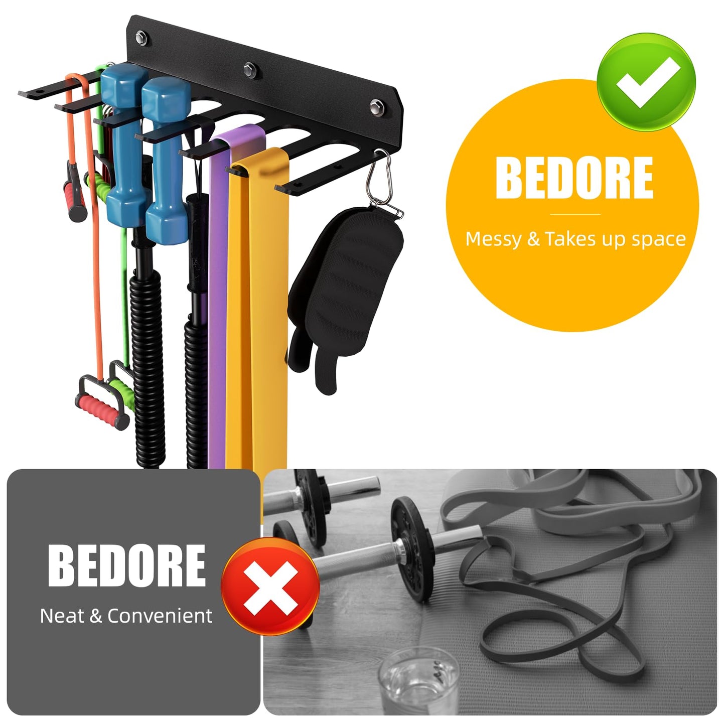 EVERYMATE Multi-Purpose Gym Equipment Storage Rack Heavy-duty 8 Hook, Home Gym Accessories Storage Rack, Barbell Holder Weight Racks for Resistance Bands Jump Ropes Carabiners Included（2PCS